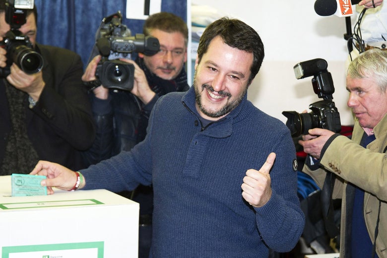 Leader of Lega Nord party Matteo Salvini votes in the Italian General Election at a polling station on March 4, 2018 in Milan, Italy. The economy and immigration are key factors in the 2018 Italian General Election after parliament was dissolved in December 2017.